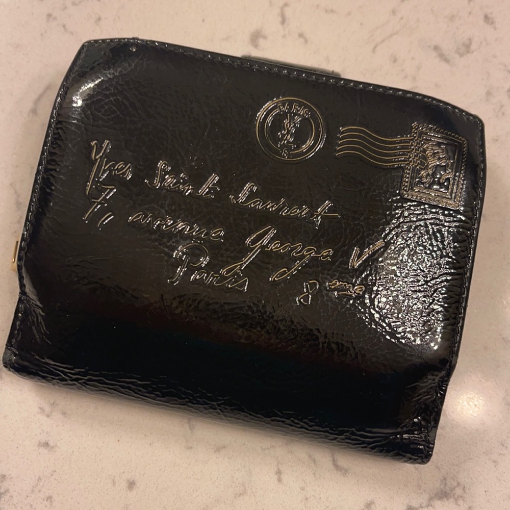 Yves Saint Laurent black patent leather zip wallet